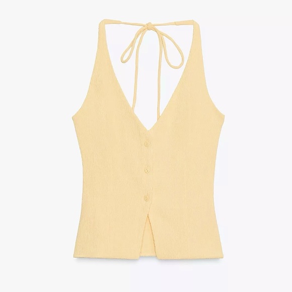 NWT ZARA Textured Fabric Vest Top Sleeveless Button Down Halter neck with Tie - Picture 6 of 9